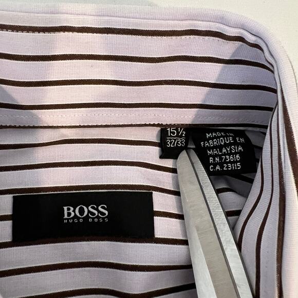 Boss Hugo Boss Striped Dress Shirt Men's 15.5 32/33 Purple Brown White Stripes - Picture 6 of 10